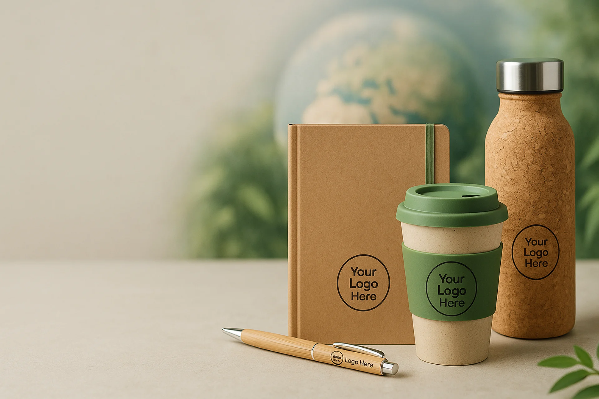 Subtle planet and forest-inspired background for eco-friendly branded products