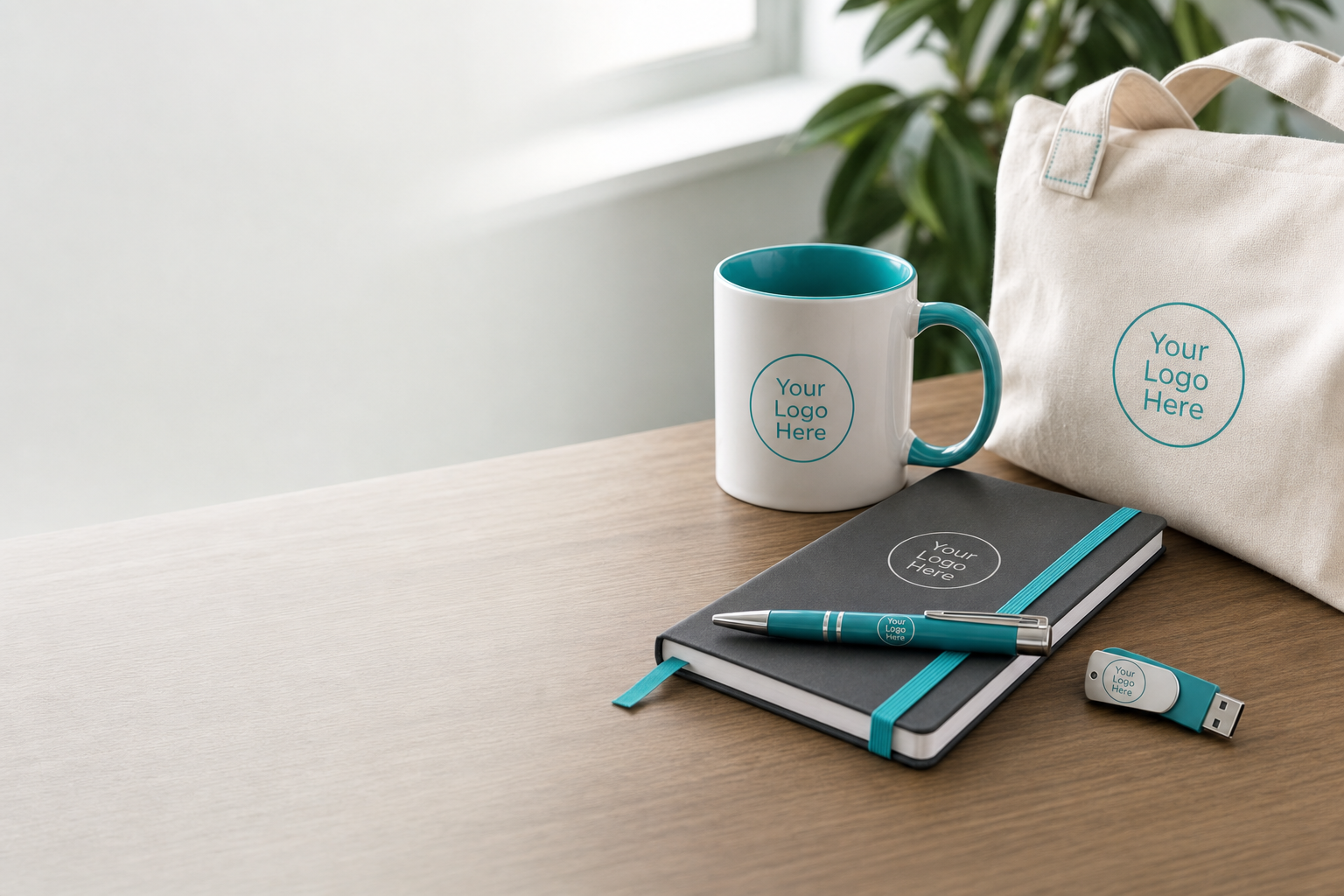 Selection of branded corporate gifts—notebook, pen, mug, USB stick and tote bag—arranged on a wooden desk.