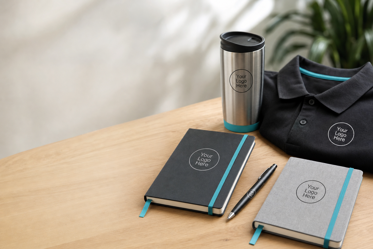 Selection of branded corporate gifts including notebooks, pens, a reusable mug and a polo shirt laid out on a wooden table
