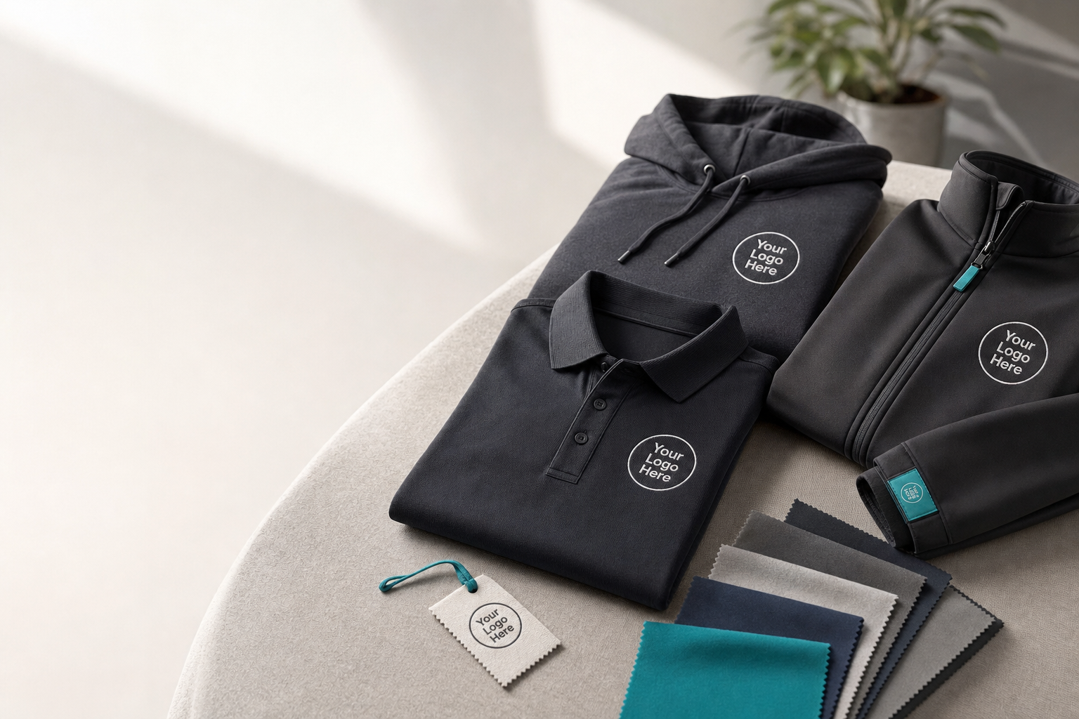 Embroidered polo, printed hoodie, softshell jacket, woven label and fabric swatches laid out for review