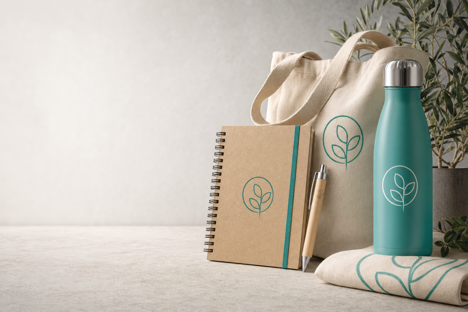 Sustainable branded corporate gifts: recycled notebook, bamboo pen, organic cotton tote and metal water bottle on a neutral background with Mindvision Media Ltd logo.