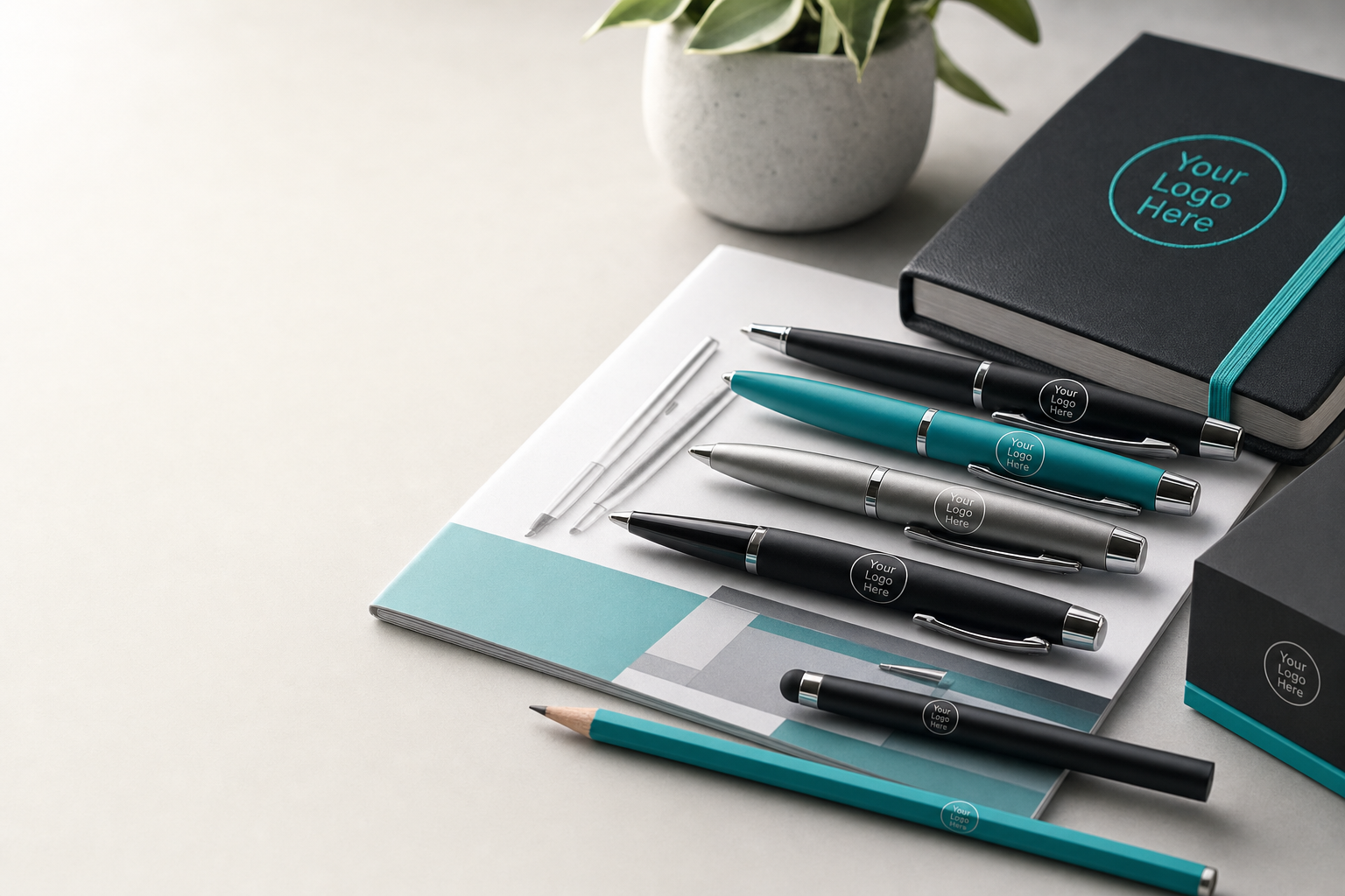 Assortment of branded pens, pencils and a stylus on a desk next to a brochure, showing different finishes and logo placements