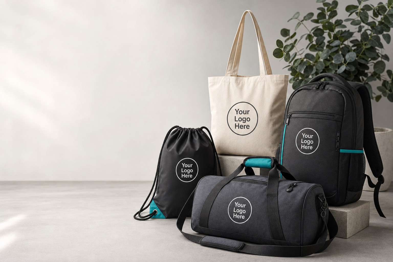 Four promotional bags — drawstring gym sack, canvas tote, sports duffel and backpack — laid out to show different branding styles and colours.