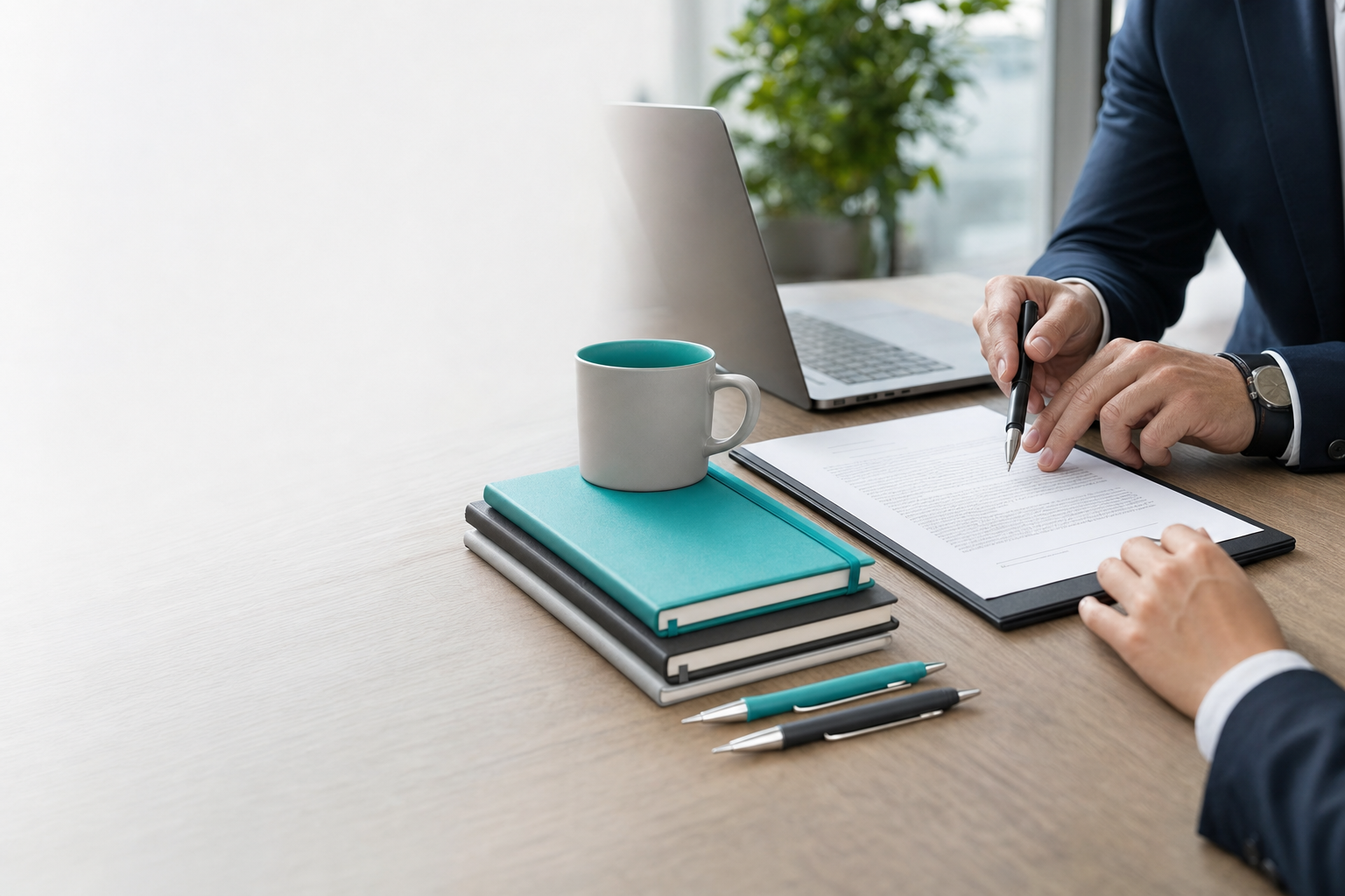 Branded notebooks, pens and mugs on a wooden desk beside a laptop and documents