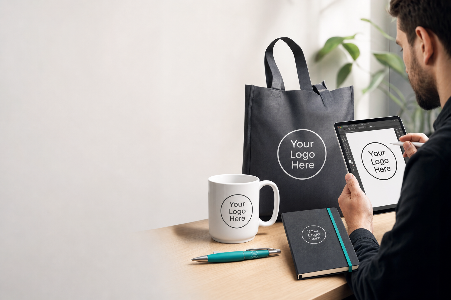 Branded mug, tote and pen on a studio table with a tablet showing vector artwork in Adobe Illustrator