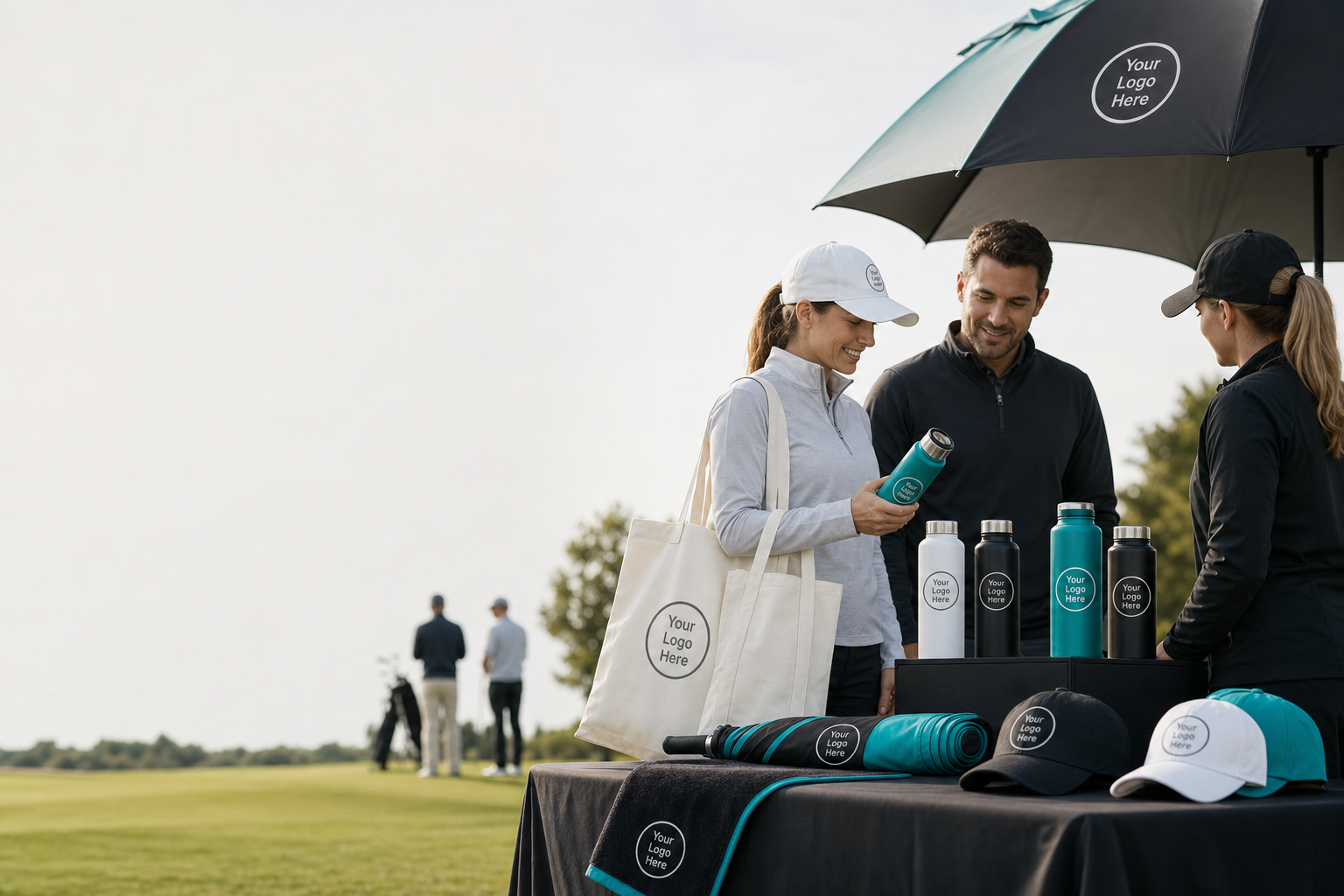 Outdoor event stall with branded water bottles, caps, tote bags, golf towel and umbrella on display, visitors browsing