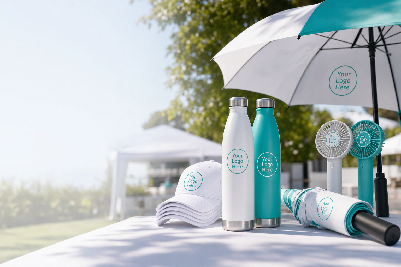 Outdoor promotional stand showing branded water bottles, umbrellas, caps and handheld fans being used by staff and attendees