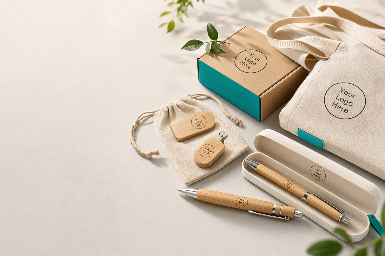 Flatlay of sustainable promotional merchandise including bamboo pens, wooden USB drives, a recycled fabric tote and simple recyclable packaging with branding.