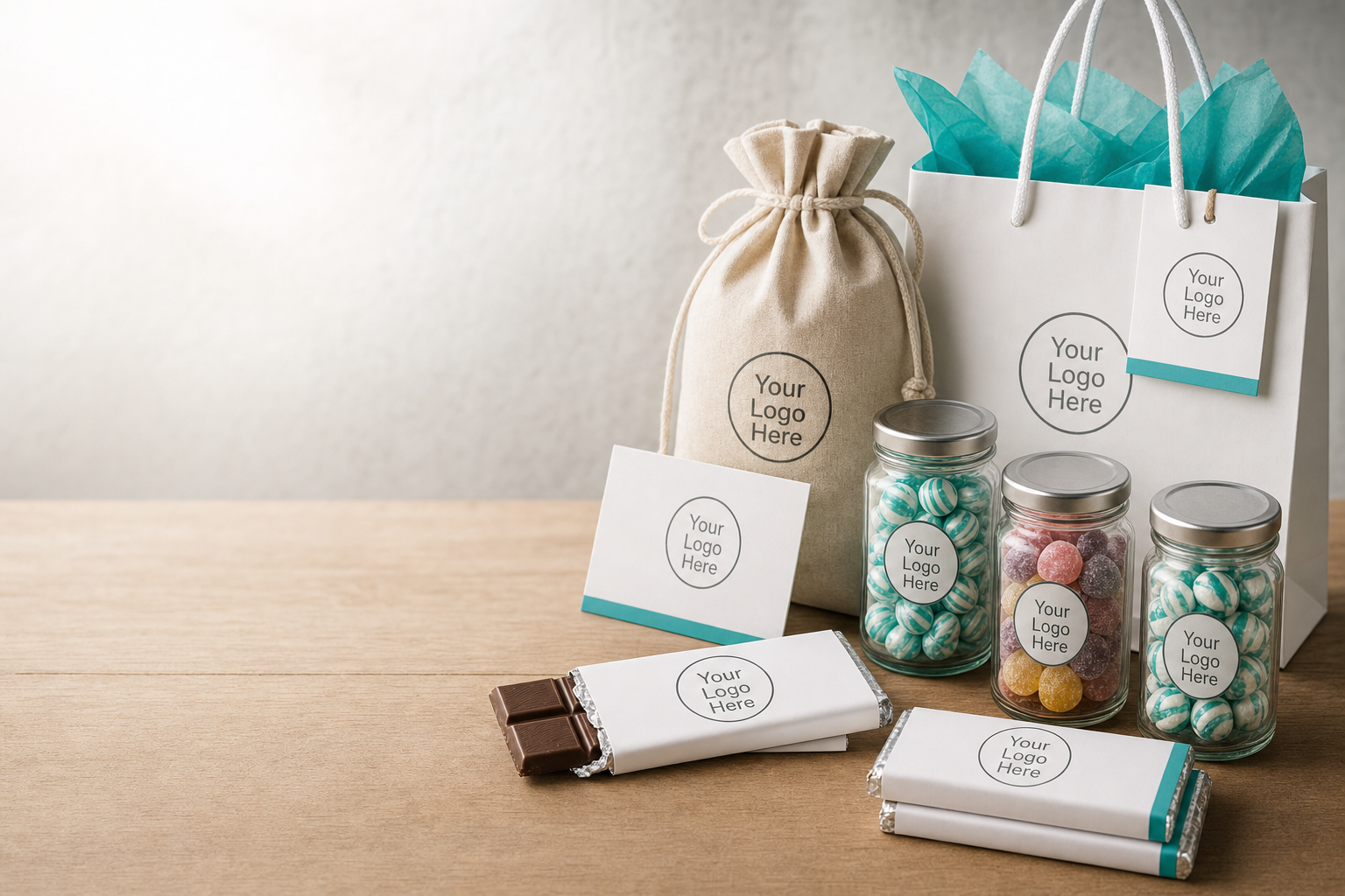 Selection of personalised sweet giveaways including branded chocolate bars, printed jars of boiled sweets and logo-stamped goodie bags on a table.