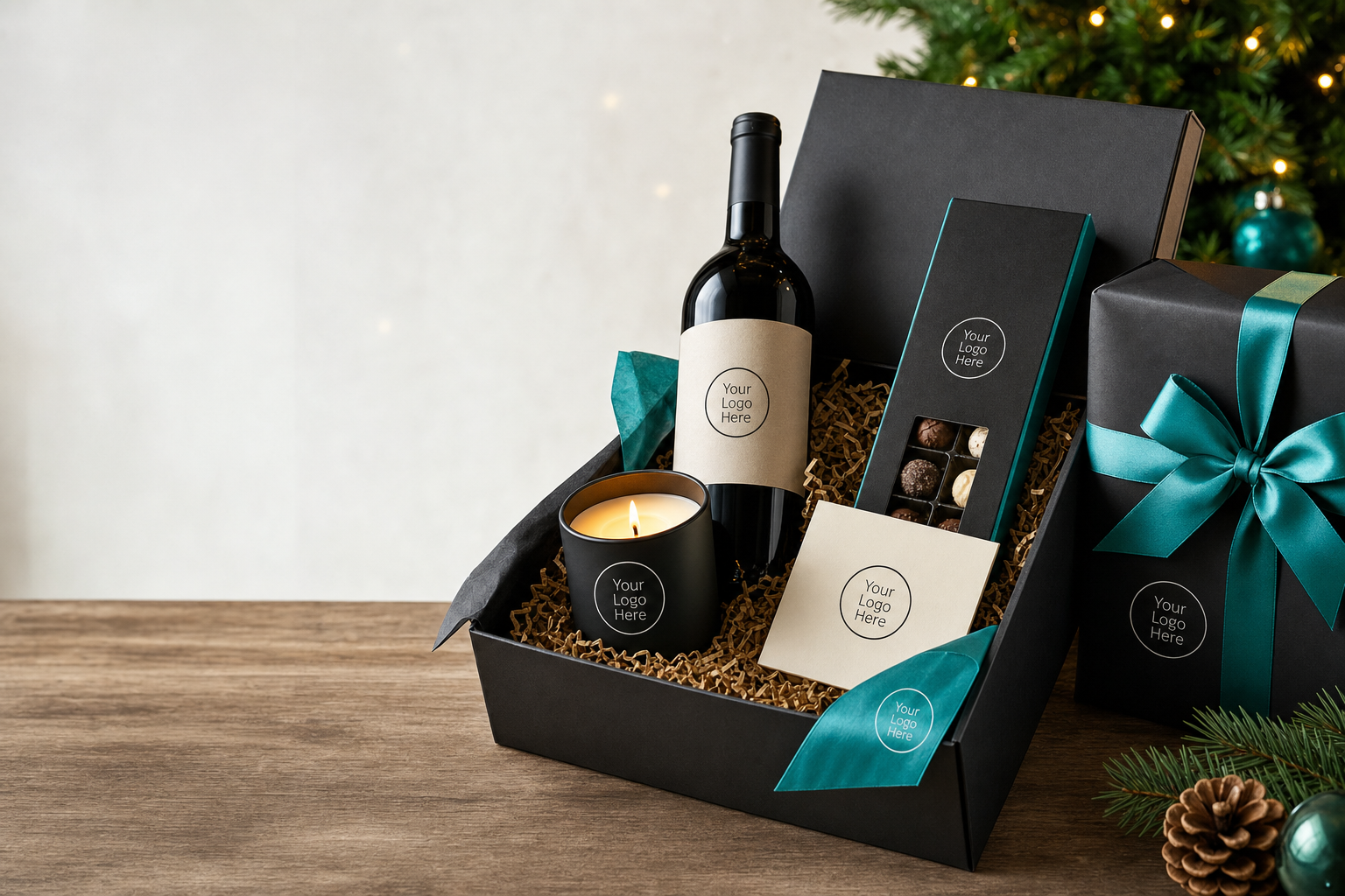 Curated corporate Christmas gift box with branded candle, wrapped wine, artisan chocolates and notebook on a wooden table