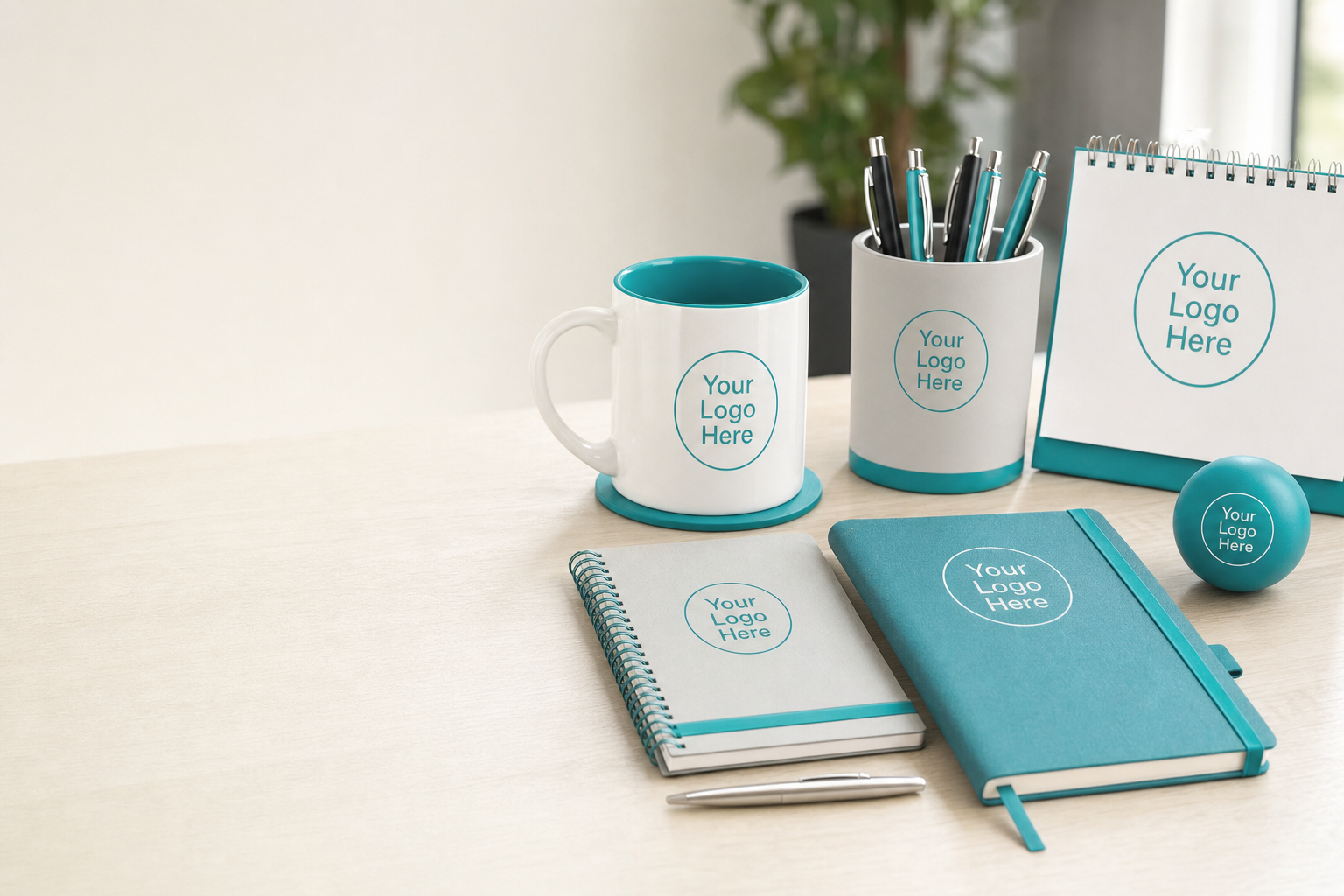 Office desk with branded mug, desk tidy, notepad, diary, desktop calendar and stress toy in matching brand colours