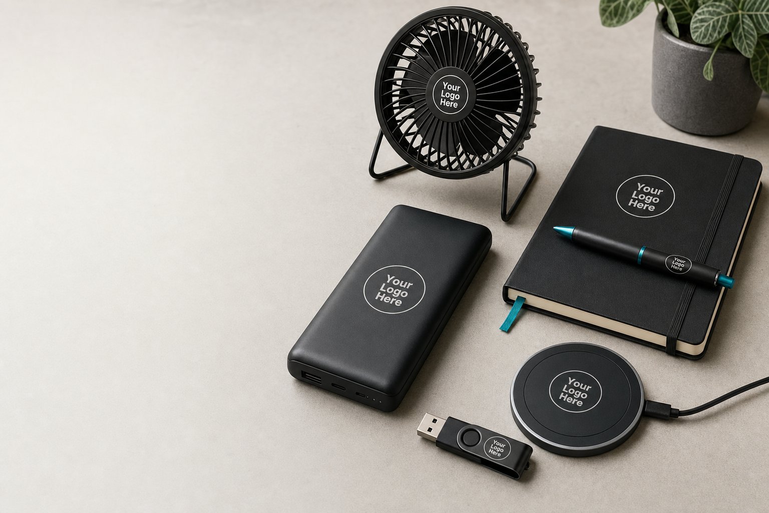 Branded tech promotional items on a desk: powerbank, wireless charger, USB stick and small desk fan beside a notebook.