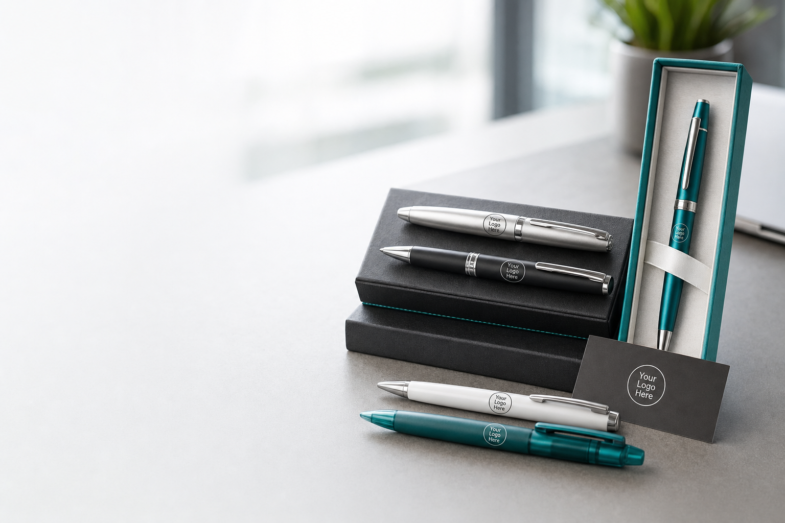 Selection of branded promotional pens in different styles laid out on a desk beside branded packaging and a business card.